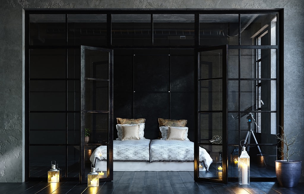 Black bedroom in loft, industrial style, 3d render