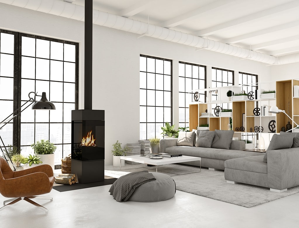 living room with fireplace in modern loft apartment. 3d rendering